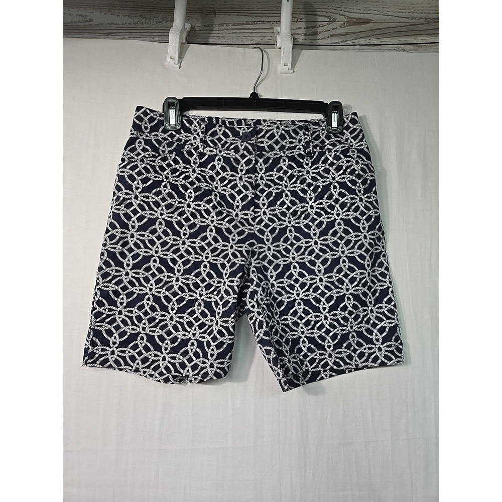 TALBOTS Nautical Navy White Chino Shorts Women's 4 Rope Pattern Beach Stretch